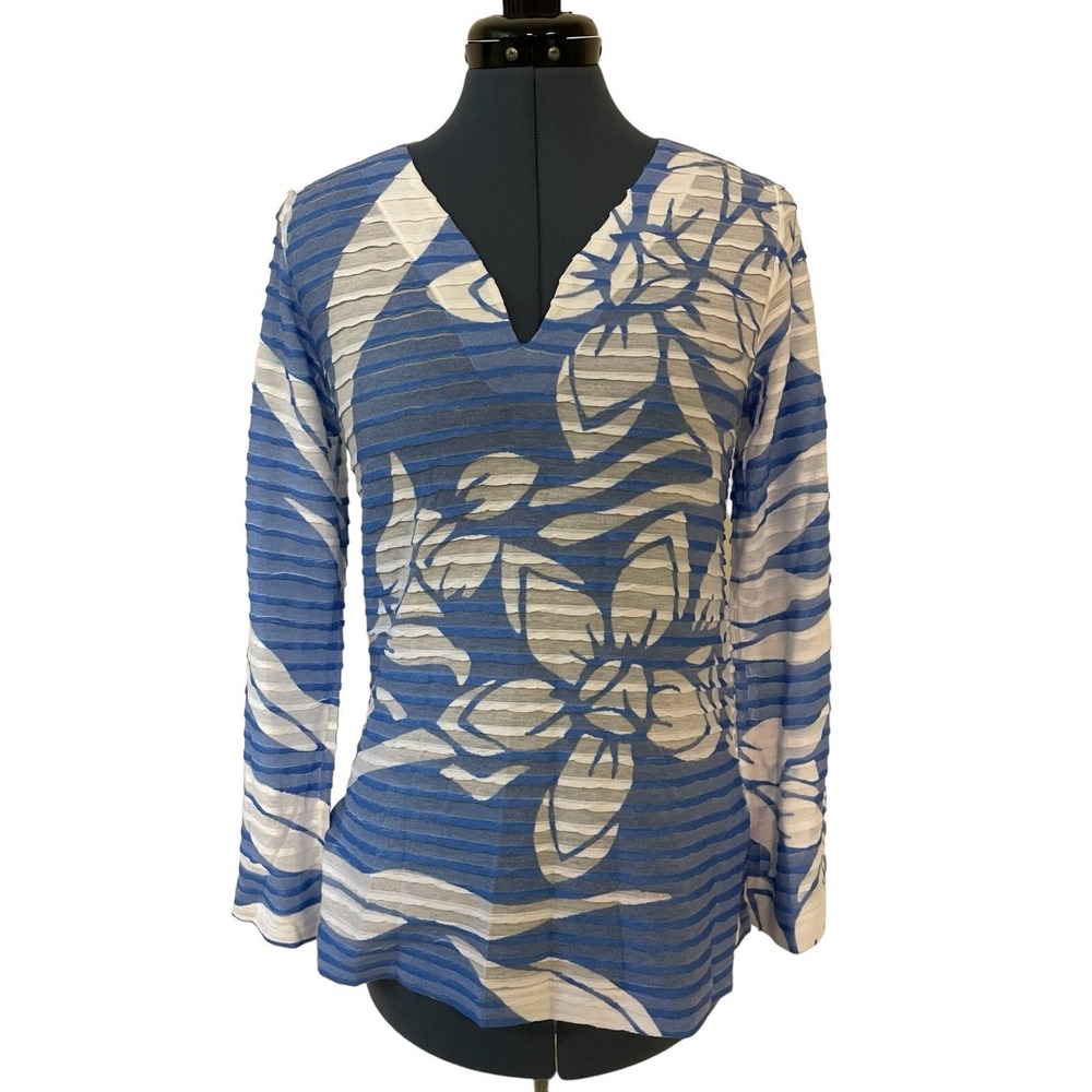 Before +After Banda Top Blue White Floral Tropical Layered V Neck Resort‎ Boho S